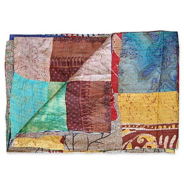 Kantha Quilted Silk Throw in Yellow and Brown. View a larger version of this product image.