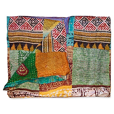 Kantha Quilted Silk Throw in Green and Orange. View a larger version of this product image.