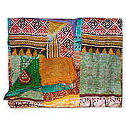 Kantha Quilted Silk Throw in Green and Orange
