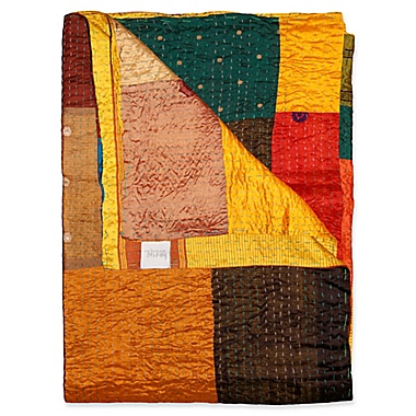 Kantha Silk Throw in Yellow, Orange and Brown. View a larger version of this product image.