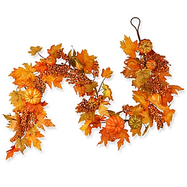 National Tree Company&reg; 70-Inch Maple Leaf, Pumpkin, and Berry Garland in Orange. View a larger version of this product image.