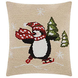 Mina Victory Home for the Holiday Skating Penguin Square Throw Pillow in Natural