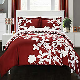 Chic Home Camellias Queen Reversible Duvet Cover in Red