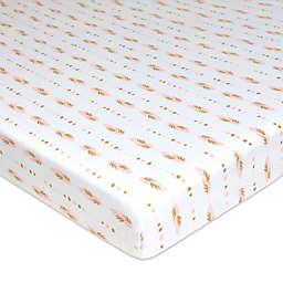TL Care Feather Print Jersey Knit Fitted Playard Sheet in Gold/Pink