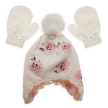 Little Me&reg; Newborn Vintage Rose Hat and Mitten Set in Ivory. View a larger version of this product image.