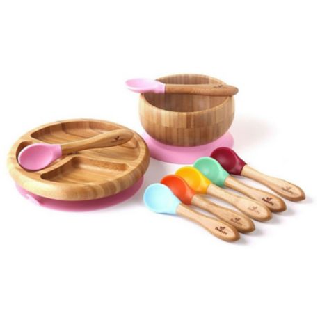 Avanchy Feeding Bamboo Silicone Baby Training Spoons with Plate and Bowl