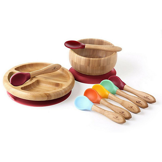 Alternate image 1 for Avanchy Bamboo + Silicone Baby Bowl and Plate Set with Spoons in Magenta