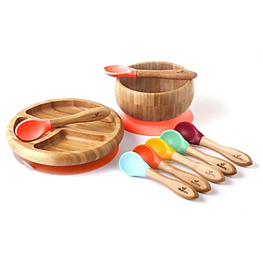 Avanchy Bamboo + Silicone Baby Bowl and Plate Set with Spoons in Orange. View a larger version of this product image.