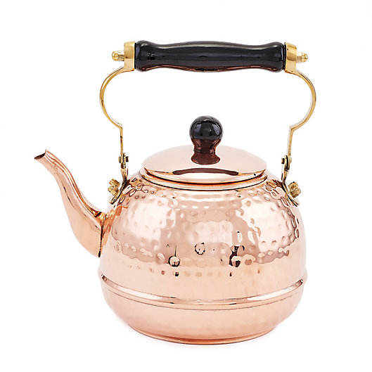2 Quintal Old Dutch Hammered Tea Kettle with Brass Spout and Knob and Wooden Handle
