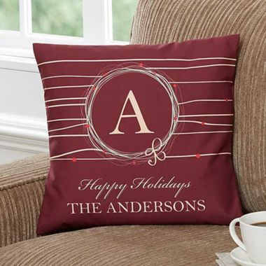 Holiday Wreath 14-Inch Personalized Square Throw Pillow. View a larger version of this product image.