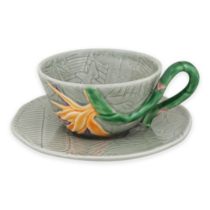 Bordallo Pinheiro Vista Alegre Tropical Bird of Paradise Teacups and