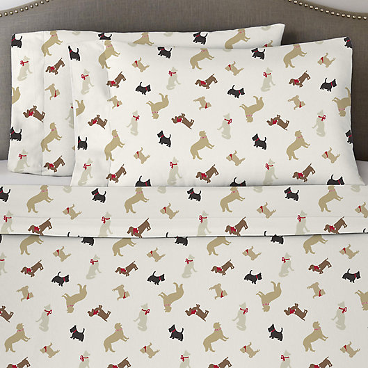 Alternate image 1 for Pointehaven 170 GSM Winter Dogs Flannel California King Sheet Set in White/Brown