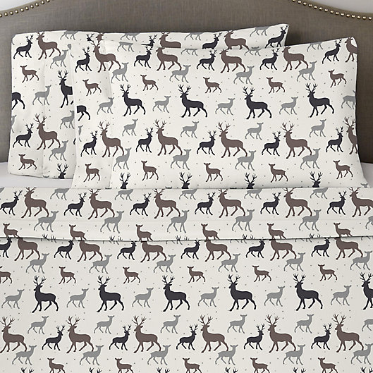 Alternate image 1 for Pointehaven 170 GSM Autumn Deer Flannel Queen Sheet Set in White/Grey