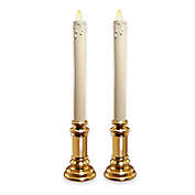 Moving Flame Battery Operated Cream Taper Candles in Gold Holders (Set of 2)