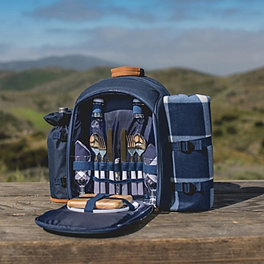 Picnic Time&reg; 19-Piece Insulated Picnic Backpack for 2 in Navy/Brown. View a larger version of this product image.
