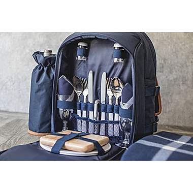 Picnic Time&reg; 19-Piece Insulated Picnic Backpack for 2 in Navy/Brown. View a larger version of this product image.