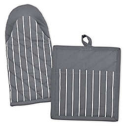 Striped Pot Holder and Oven Mitt Set in Grey