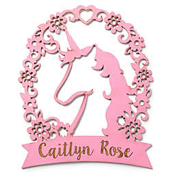 Unicorn Wreath Wood Wall Plaque in Pink