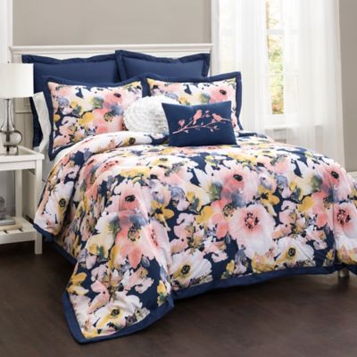 Lush Décor Watercolor Floral 7-Piece Full/Queen Comforter Set in Blue