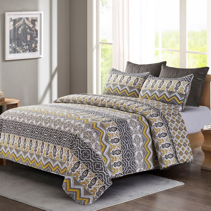 Tapestry Quilt Set in Grey/Yellow | Bed Bath & Beyond