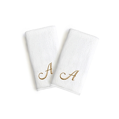Linum Home Textiles Bridal Monogram Script Letter &quot;A&quot; 2-Piece Hand Towel Set in White/Gold. View a larger version of this product image.