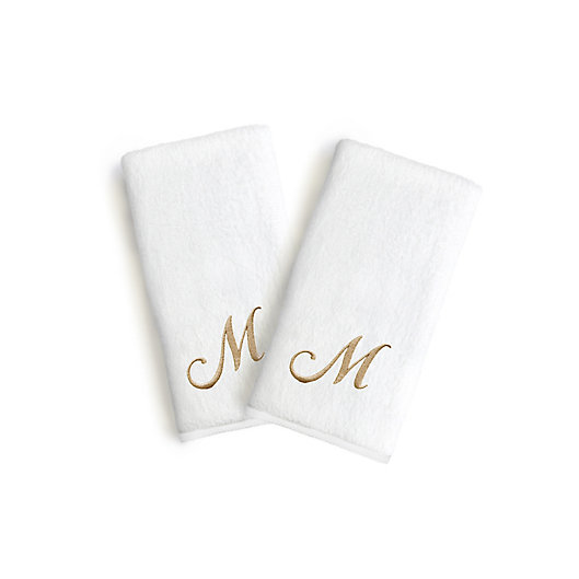 Alternate image 1 for Linum Home Textiles Bridal Monogram Script Letter Hand Towels in White/Gold (Set of 2)