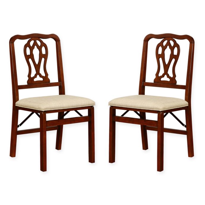 Linon Home Chippendale Folding Chairs in Brown/Linen (Set of 2) | Bed