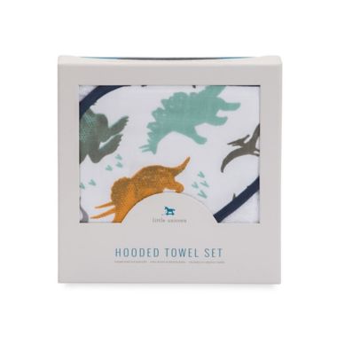 Little Unicorn Cotton Muslin and Terry Hooded Towel and Washcloth Set in Dino Friends. View a larger version of this product image.