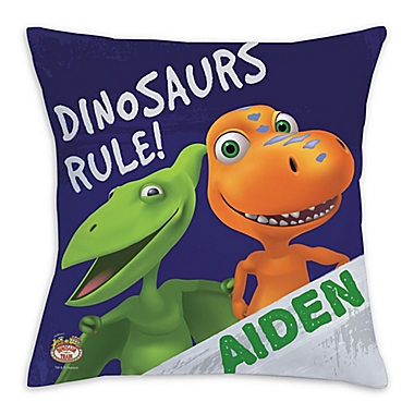&quot;Dinos Rule&quot; Square Throw Pillow in Blue. View a larger version of this product image.
