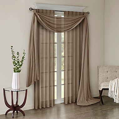 Madison Park Harper Solid Crushed Sheer 216-Inch Scarf Window Valance in Taupe. View a larger version of this product image.