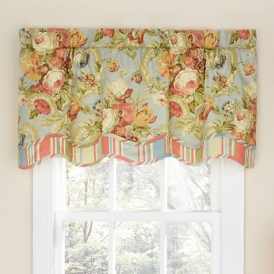 WAVERLY TUSCAN PATCHWORK CREAM BLUE GREEN FLORAL SCALLOPED VALANCE 20 X 78 
