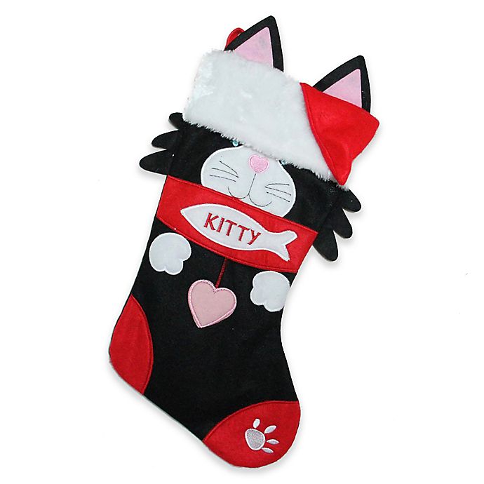 19.5-Inch Polyester Embroidered Kitty Cat Christmas Stocking in Black | Bed Bath & Beyond