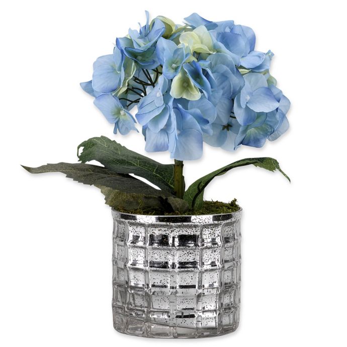 D W Silks Blue Hydrangeas In Silver Mirrored Glass Vase Bed Bath