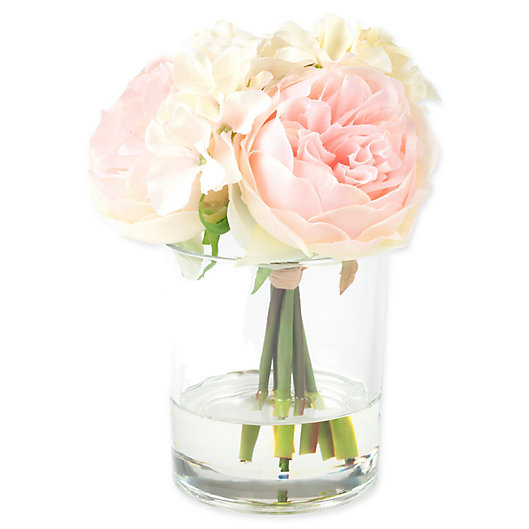 Alternate image 1 for Pure Garden 7.5-Inch Hydrangea/Rose Artificial Arrangement in Pink/Cream with Clear Glass Vase