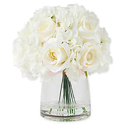 Pure Garden 11.5-Inch Hydrangea/Rose Artificial Arrangement in Cream with Clear Glass Vase