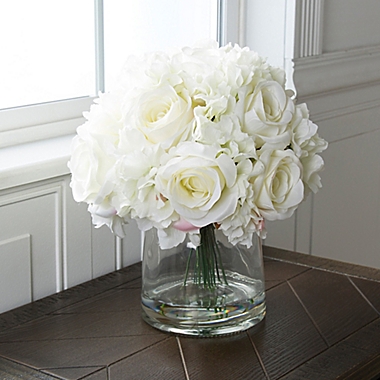 Pure Garden 11.5-Inch Hydrangea/Rose Artificial Arrangement in Cream with Clear Glass Vase. View a larger version of this product image.