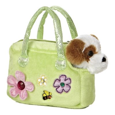 stuffed dog with carrier