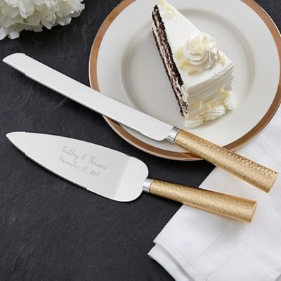 Gold Hammered Engraved Cake Knife and Server Set