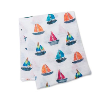 Lulujo Baby Sailboats Muslin Swaddle Blanket in White. View a larger version of this product image.
