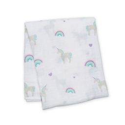 Lulujo Baby Rainbows and Unicorns Muslin Swaddle Blanket in White
