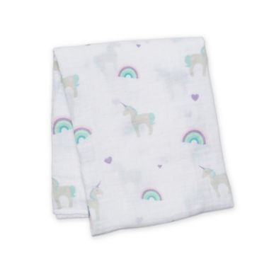Lulujo Baby Rainbows and Unicorns Muslin Swaddle Blanket in White. View a larger version of this product image.