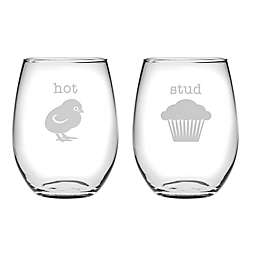 Susquehanna Glass Hot Chick & Stud Muffin Stemless Wine Glasses (Set of 2)