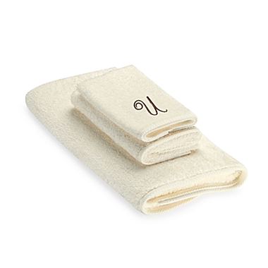 Avanti Premier Brown Script Monogram Letter &quot;U&quot; Fingertip Towel in Ivory. View a larger version of this product image.