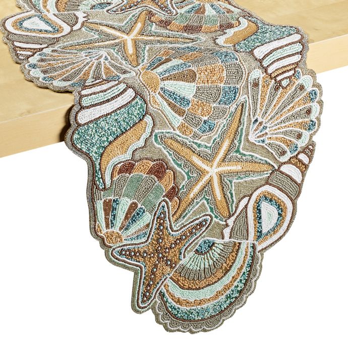 Beaded Coastal 34-Inch Table Runner in Aqua | Bed Bath and ...