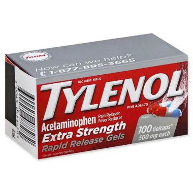 Tylenol&reg; Extra Strength 100-Count 500 mg Pain Reliever Fever Rapid Release Reducer GelCaps. View a larger version of this product image.