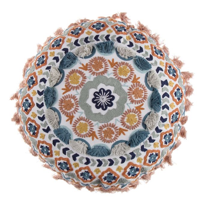 Boho Embroidered 17 Inch Round Throw Pillow In Orange Bed Bath