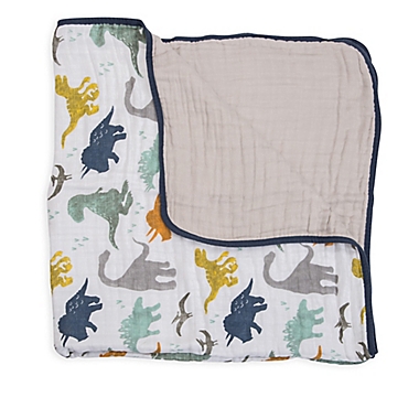Little Unicorn Dino Friends Cotton Muslin Quilt in Blue/Orange. View a larger version of this product image.
