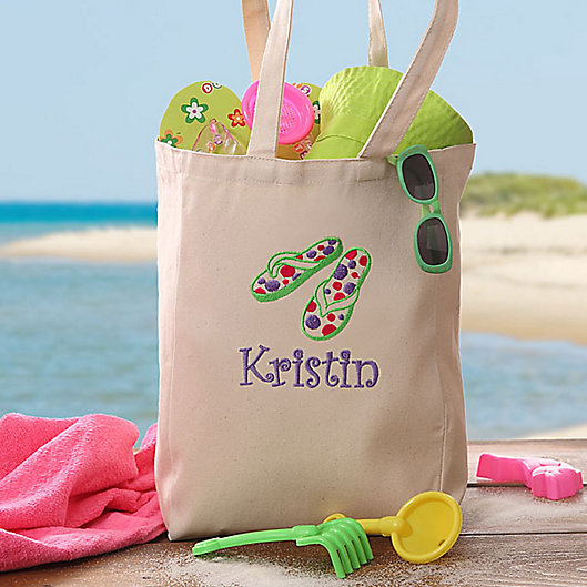 Alternate image 1 for Flip Flop Fun Embroidered Youth Beach Petite Tote