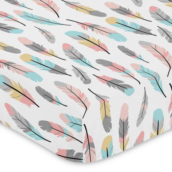 Sweet Jojo Designs Feather Print Fitted Crib Sheet In Turquoise