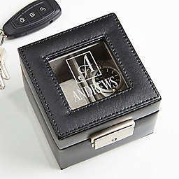 Square Monogram Engraved Leather 2-Slot Watch Box in Black